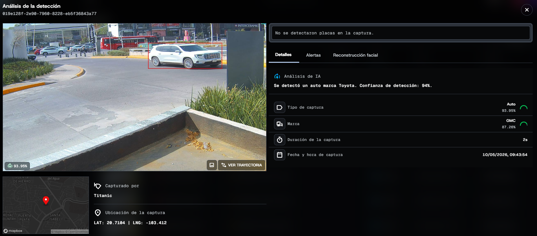 Ficha de análisis de IA para un vehículo detectado